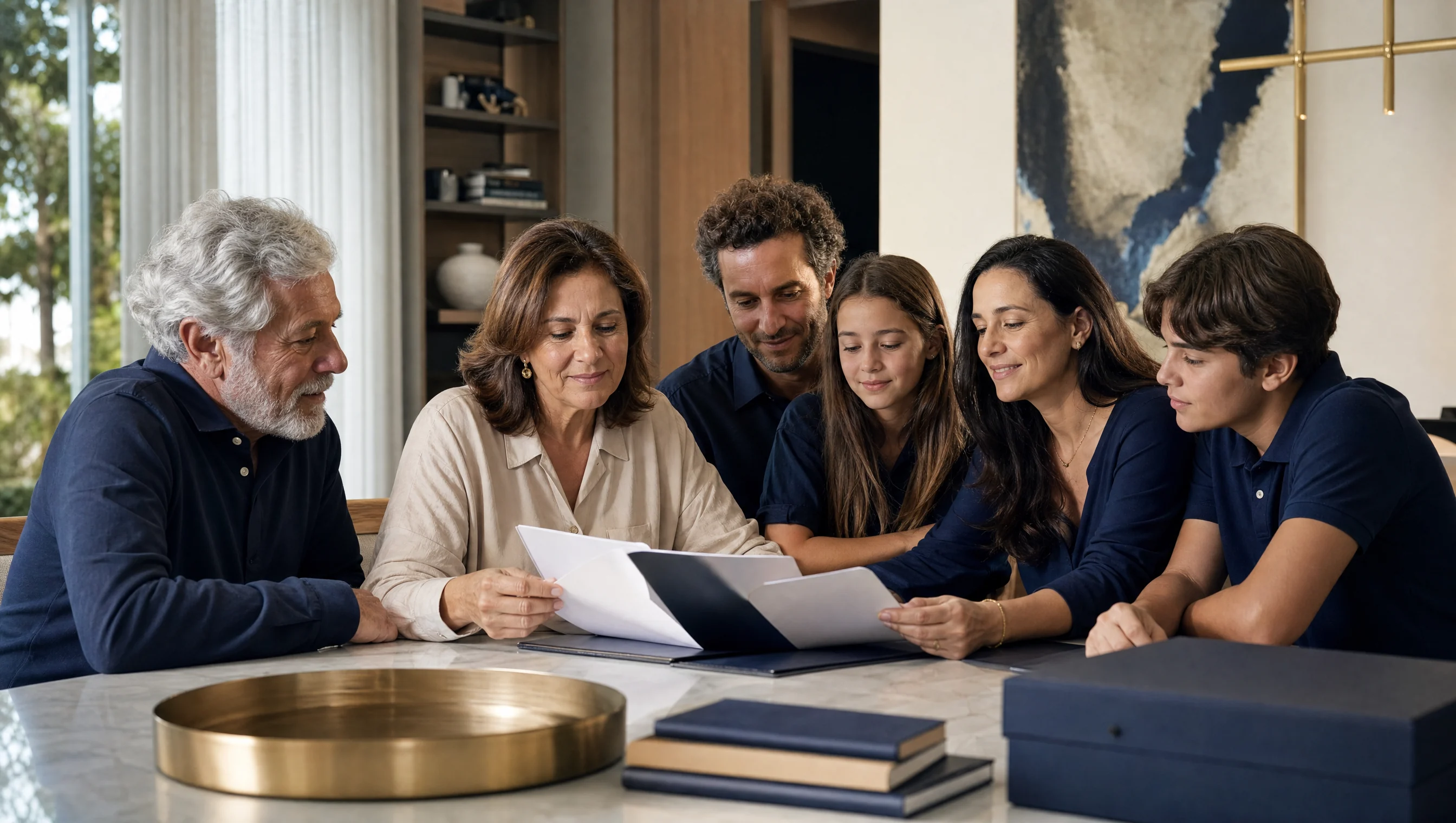 Família reunida em casa para ler documentos com atenção.